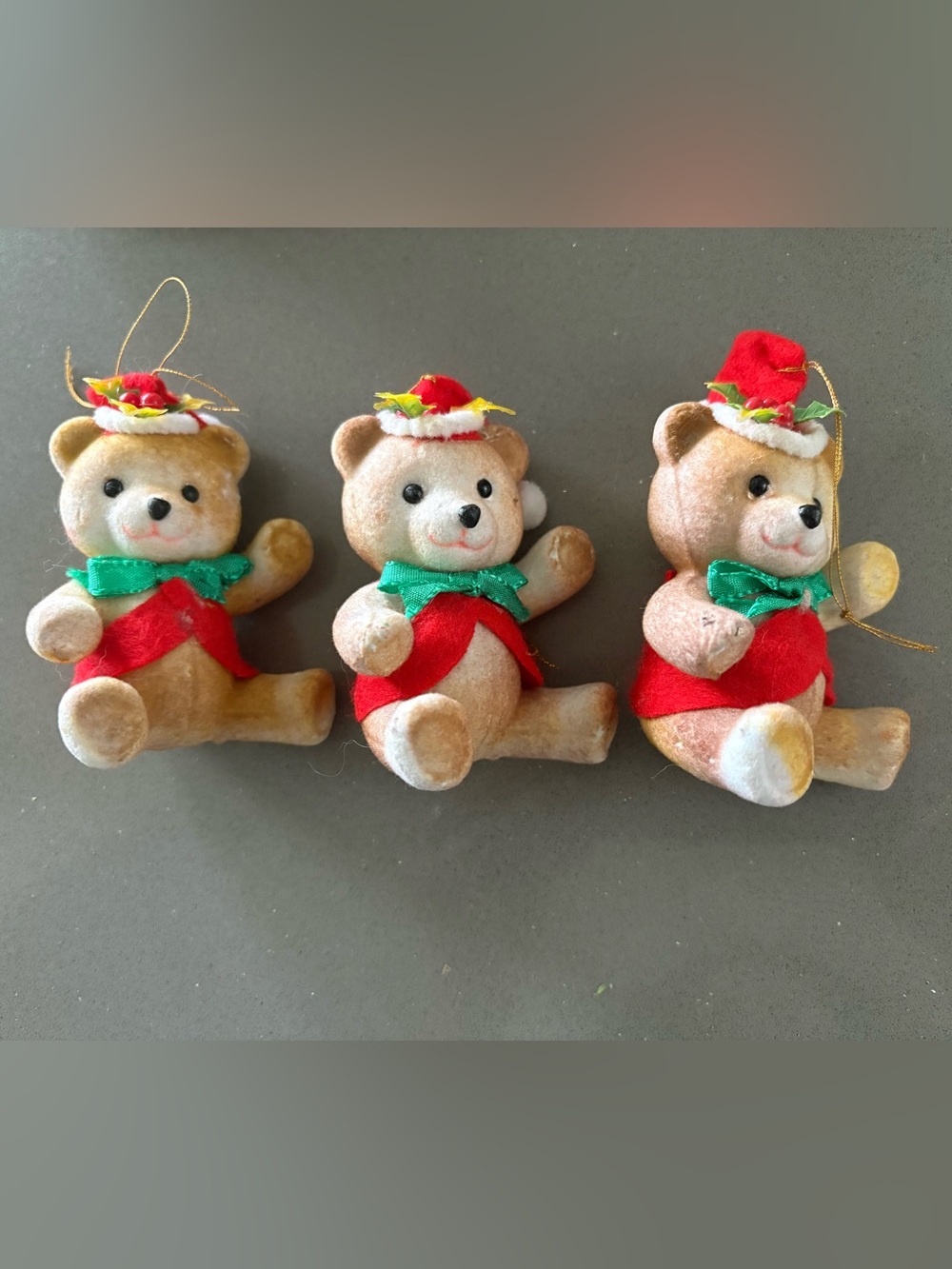 Set of 3 Holiday Teddy Bear Ornaments in Red & Green
